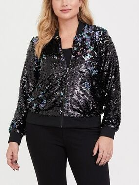 😍Torrid Black Iridescent Sequin Bomber Jacket with  Multicolor Shine Size 00 Sm
